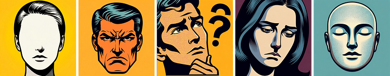 5 Stages of grief in a pop art style. Created in Dall-E.<br/><br/>Prompt: create 5 separate images, using a consistent pop art style. facial expressions should reflect the each of the 5 following words: denial, anger, bargaining, depression, acceptance. each image should depict a single word.