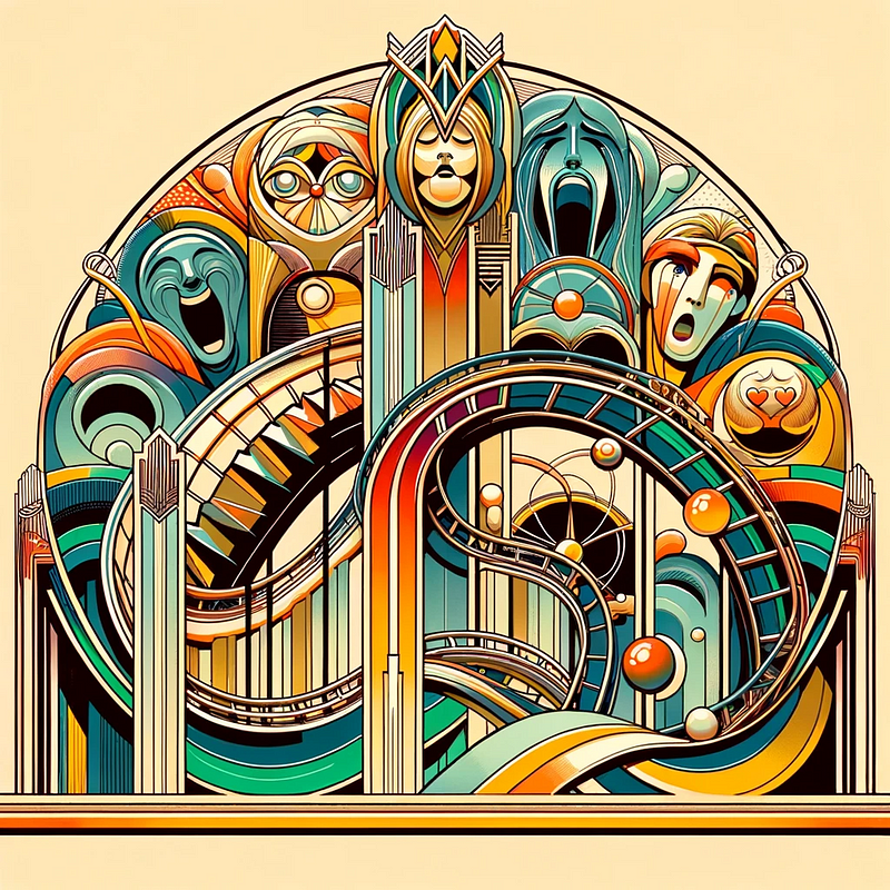 Emotional Rollercoaster in an Art Deco style created with Dall-E<br/><br/>Prompt: depict an emotional rollercoaster in an art